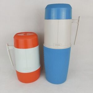 Vintage glass THERMOS hot/cool vacuum flask lot of 2 baby blue + orange